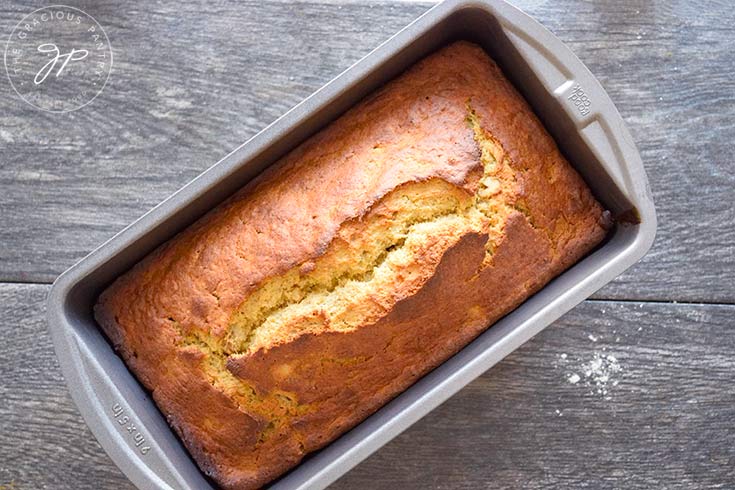 And overhead view looking down into the loaf pan of just baked Oat Flour Banana Bread.