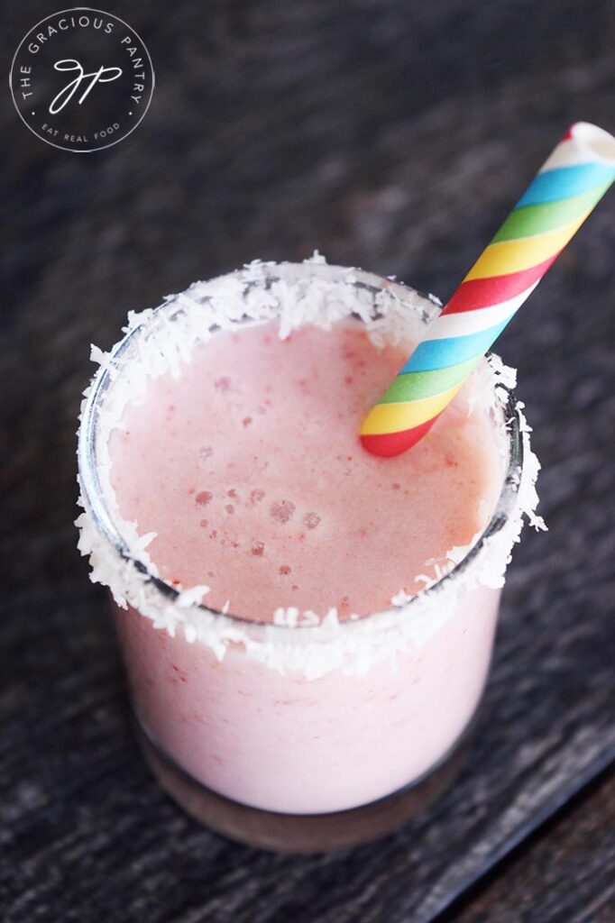 A Coconut Milk Smoothie with strawberries blended in.