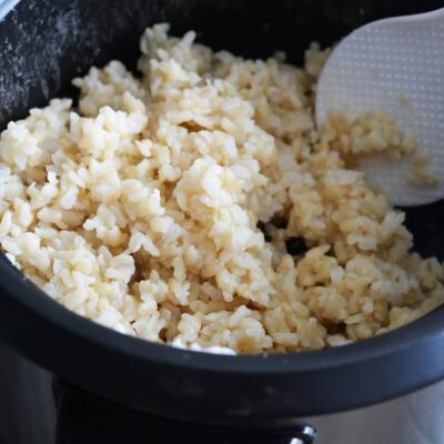 Sticky Brown Rice in a rice cooker, ready to be served.