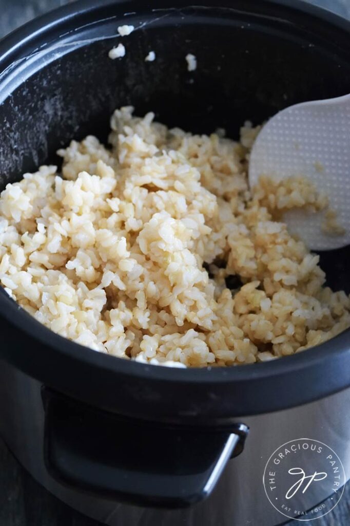 Sticky Brown Rice in a rice cooker, ready to be used for gimbap.