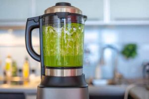 Making grapefruit green smoothies with blender in home kitchen.