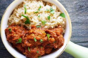 The finished Kofta Curry served with brown rice.