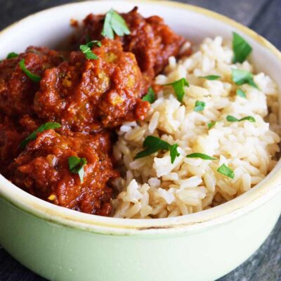 A side view of this Kofta Curry Recipe in a crock, ready to eat.