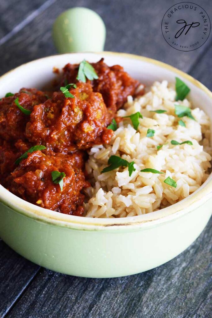 A side view of this Kofta Curry Recipe in a crock, ready to eat.