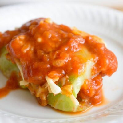 Mexican Cabbage Rolls. A single roll on a white place with salsa over the top.