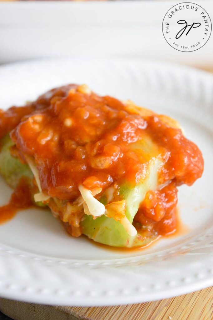 Mexican Cabbage Rolls. A single roll on a white place with salsa over the top.