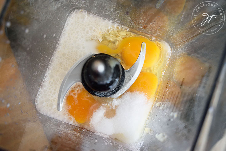 Pancake batter ingredients in a blender, ready to be blended to make pancakes for this Pancake Sandwich Recipe.