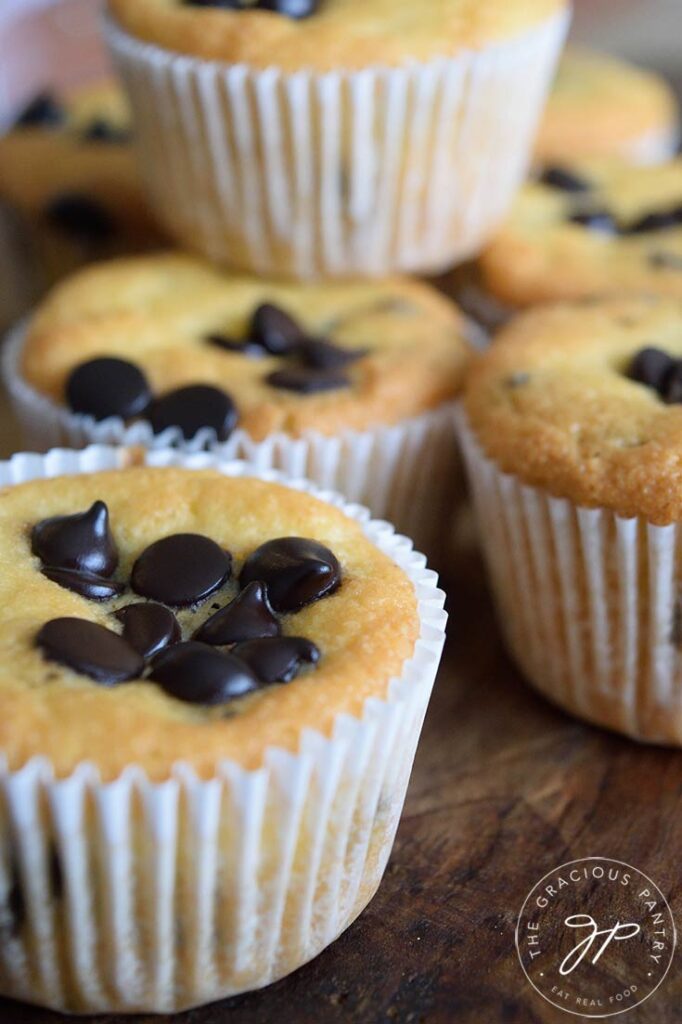 A close up of these baked, almond flour muffins.