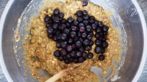 The blueberries added to the mixing bowl for this Breakfast Cookies Recipe