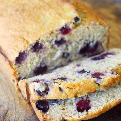 Two slices cut off the front of this Lemon Blueberry Bread.