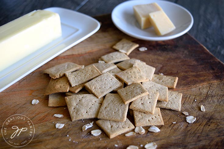 The finished oat cracker on a cutting board.