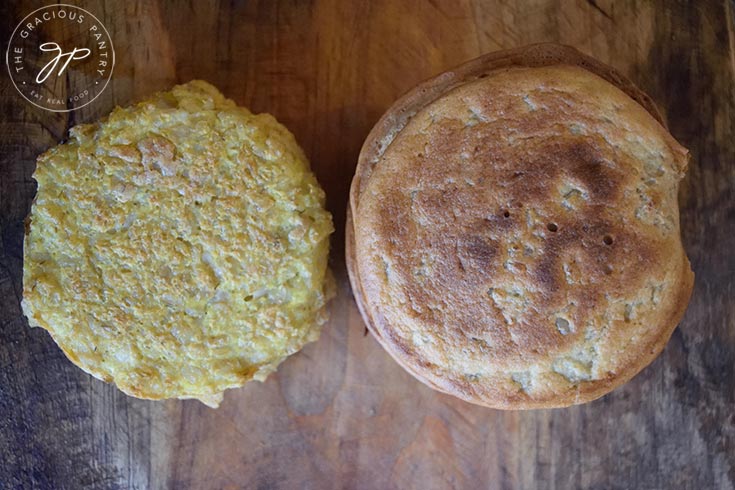 A side by side comparison. Two stacks of pancakes, one made with the simpler recipe and one made with the more complex version of this Leftover Oatmeal Pancakes Recipe