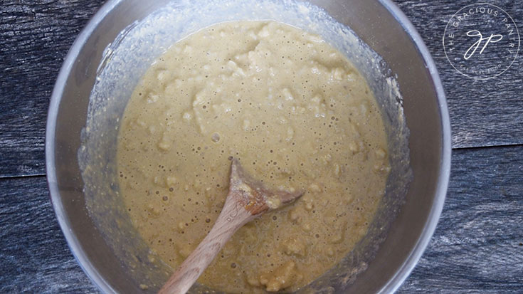 The mixed Leftover Oatmeal Pancakes batter, ready to cook.