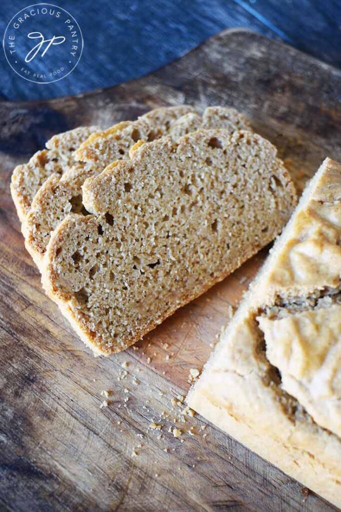 An overhead view of three slices of Peanut Butter Bread.