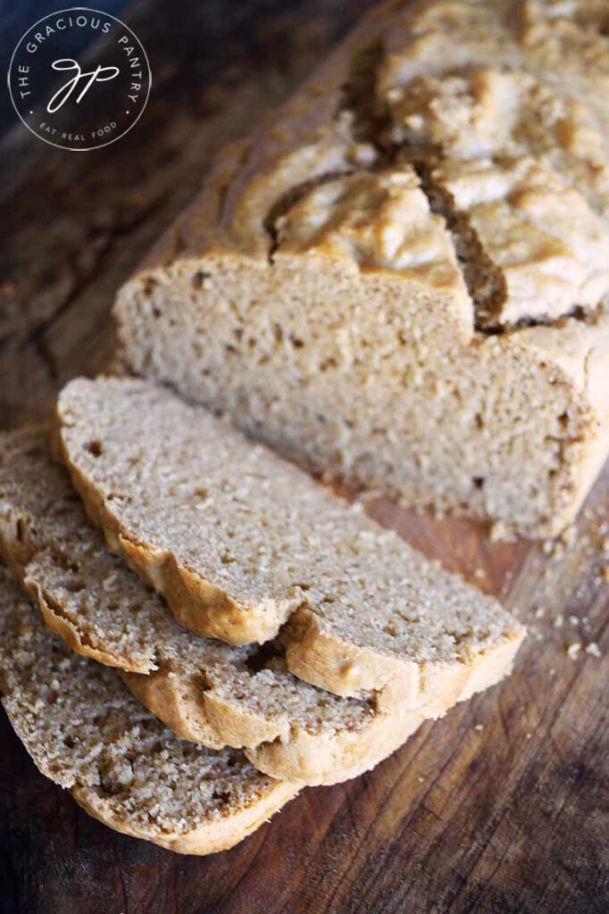 An overhead shot of the Peanut Butter Bread with three slices cut off the end.