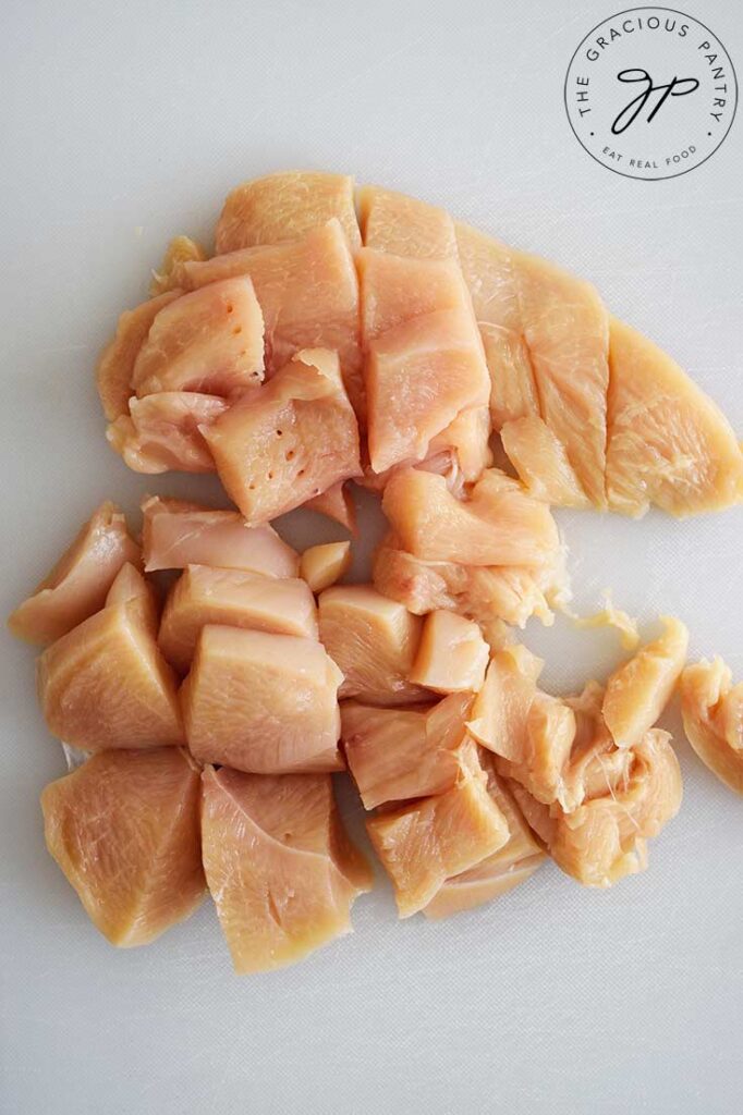 Cut chicken breasts, prepped for this Peanut Butter Chicken Recipe.