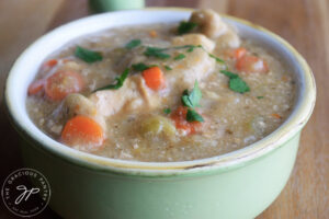 A close up of a bowl of the finished Chicken and Dumplings.