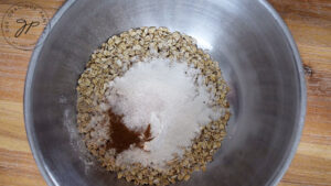 All the dry ingredients for these Oat Flour Muffins in a mixing bowl.
