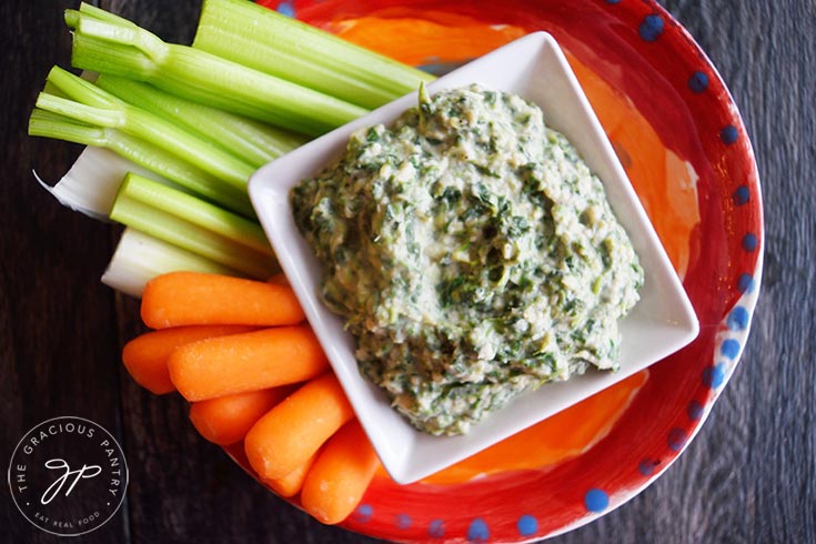 An overhead view of this finished Healthy Spinach Artichoke Dip Recipe.