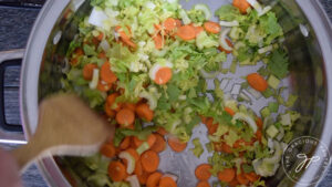 Sautéing the vegetables for this Spring Minestrone Soup Recipe.