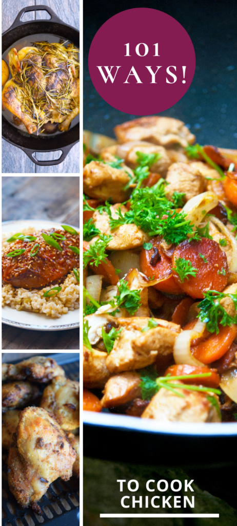 A bunch of different types of food with Chicken, in a collage.