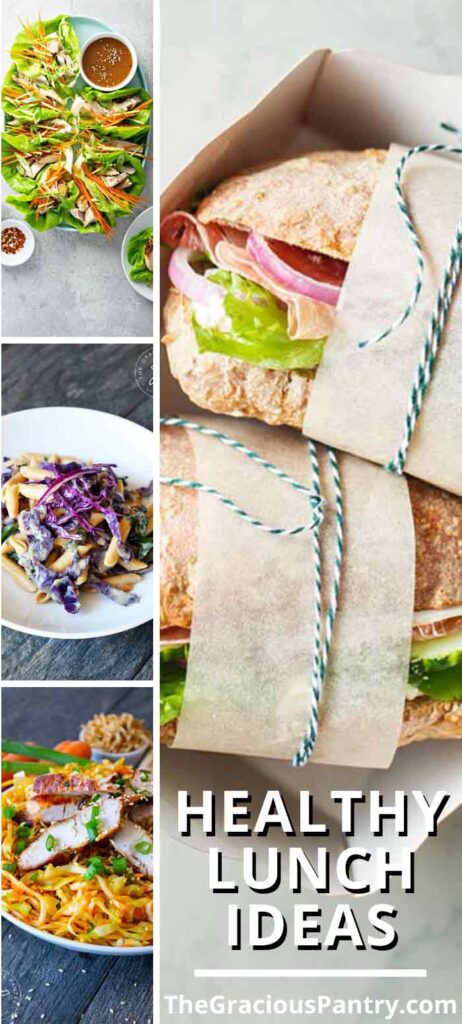 Healthy Lunches that are easy to make, budget friendly and taste great eveyr time! This collage of lunch ideas show a sandwich, a platter of lettuce wraps, a bowl of pasta and a Chinese chicken salad.