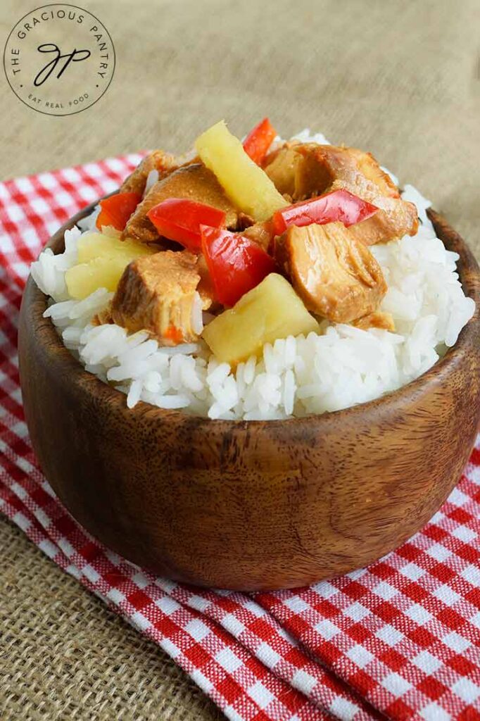 And up close shot of this Slow Cooker Pineapple Chicken being served over rice.