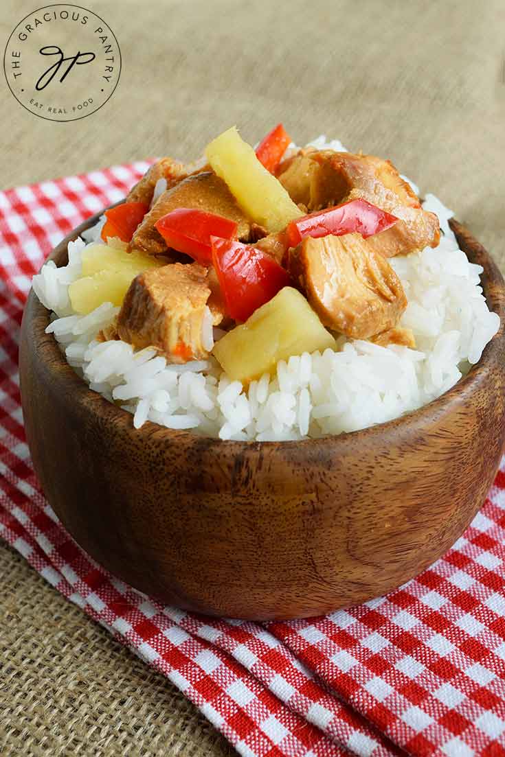 And up close shot of this Slow Cooker Pineapple Chicken being served over rice.