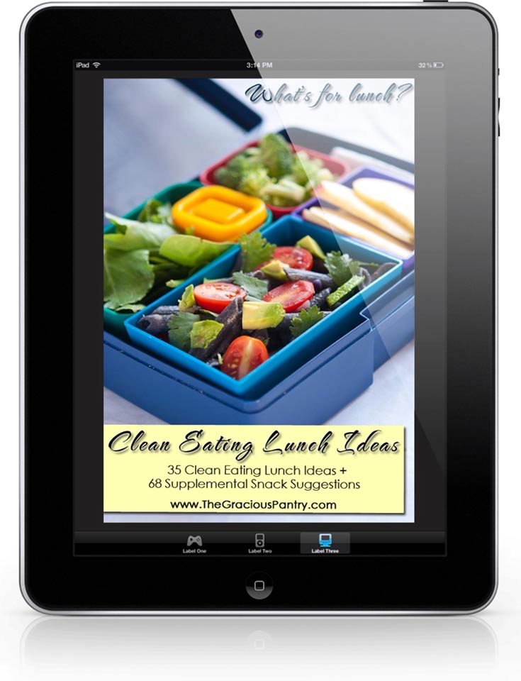 The cover image of this Clean Eating Lunch Ideas ebook displayed on a black iPad.