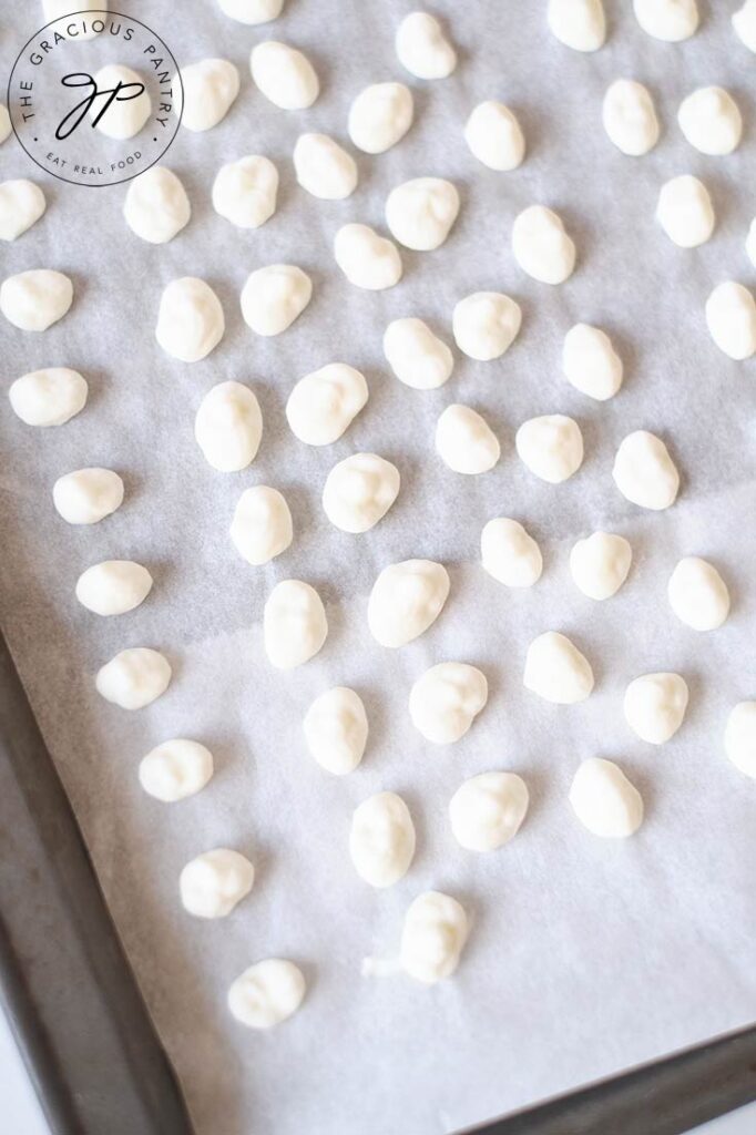 Dots on a parchment lined cookie sheet, ready to freeze.