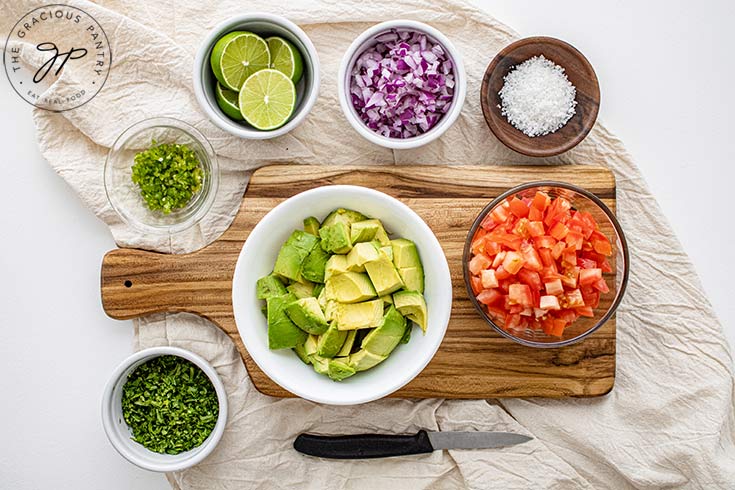 All the ingredients chopped and prepped and sitting in individual bowls.