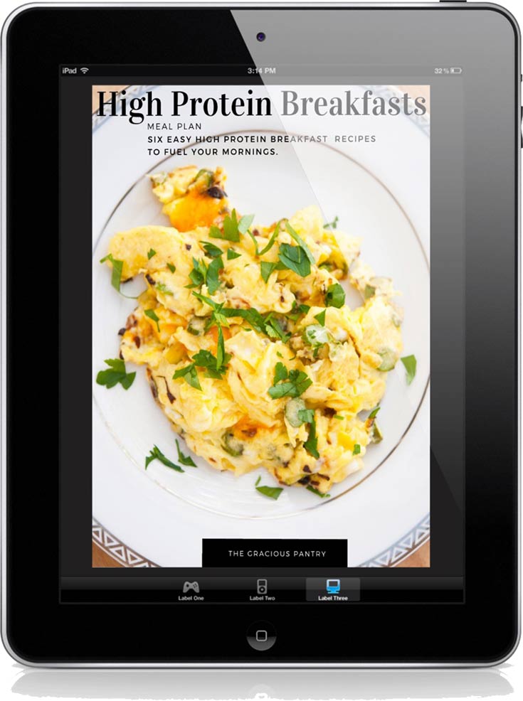 Cover of this High Protein Breakfast Meal Plan displayed on a black iPad.