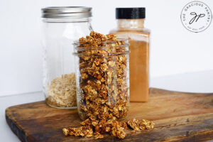 The finished granola in a canning jar.