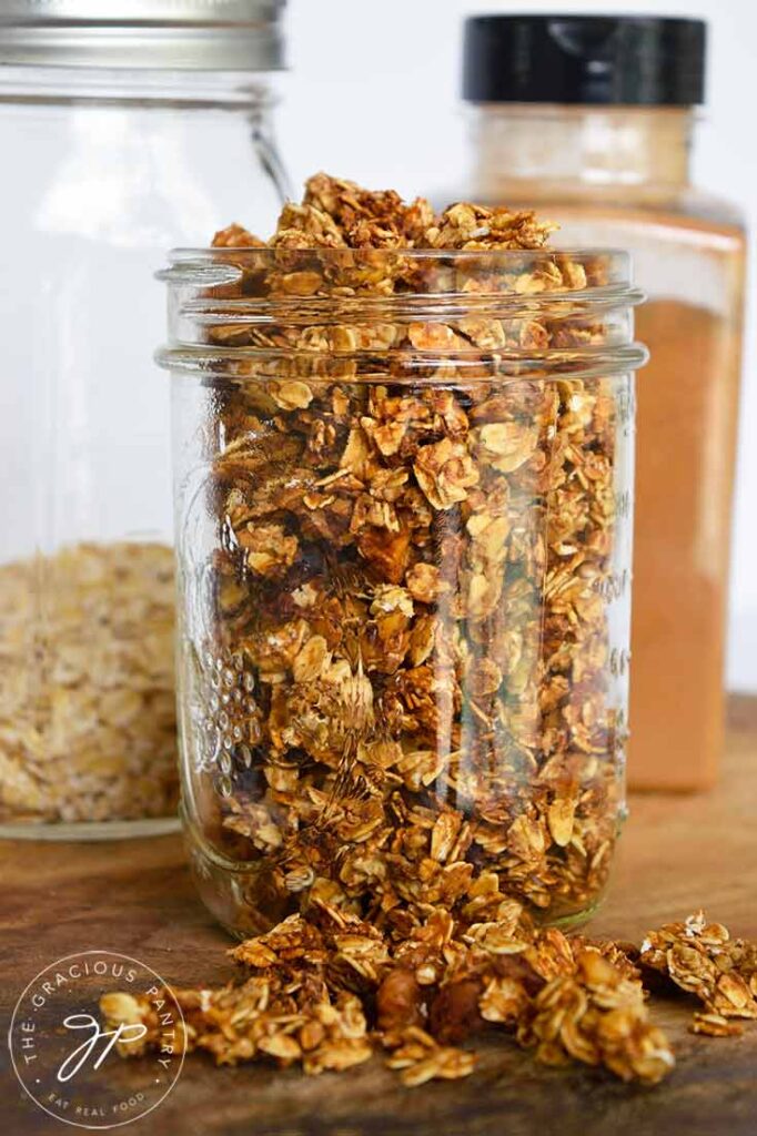 An up close view of Homemade Granola in a canning jar.