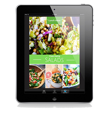 Clean Eating Salad eCookbook cover shown on a black iPad.