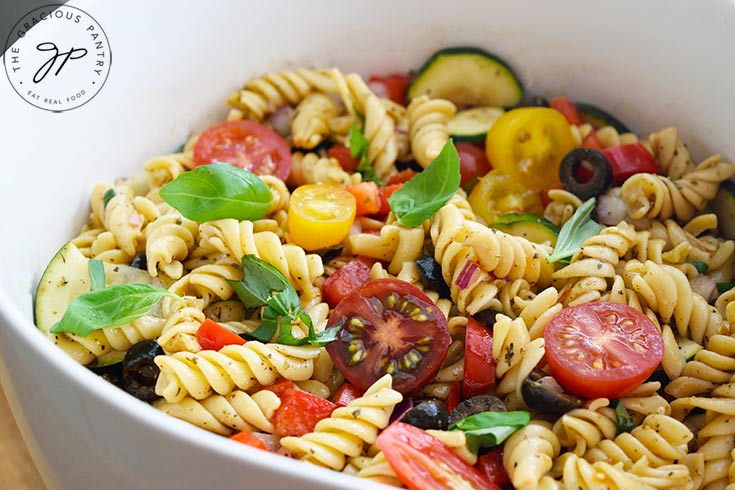 The finished Vegetable Pasta Salad Recipe in a white serving bowl.