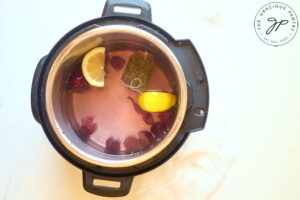 A horizontal shot of a tea back, cherries and lemons in an instant pot.