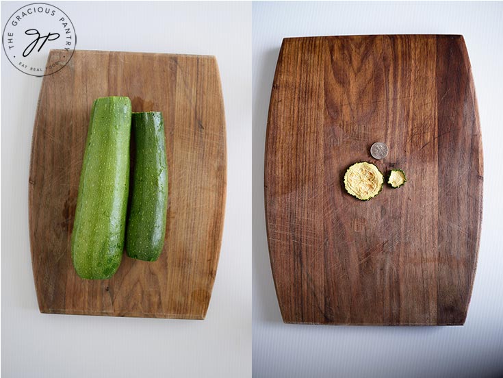 Two photos, side by side, showing two sizes of zucchini and what size the chips are when dehydrated. A dime sits above the dry slices to show size.