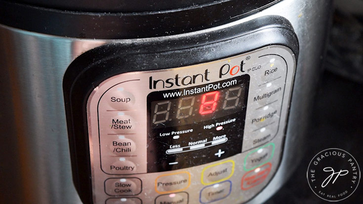 The timer on the Instant Pot adjusted to 8 minutes for cooking.