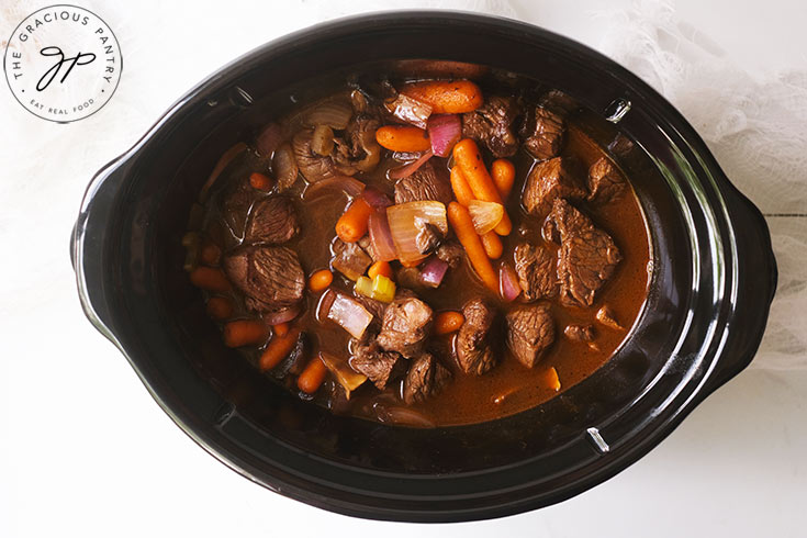 The Bison Stew cooking in a slow cooker.