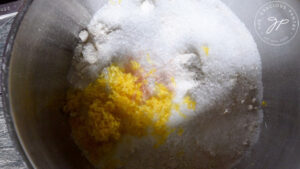 The dry ingredients sitting in a large mixing bowl.