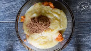 All the ingredients for this Pumpkin Fruit Leather Recipe in a large mixing bowl.