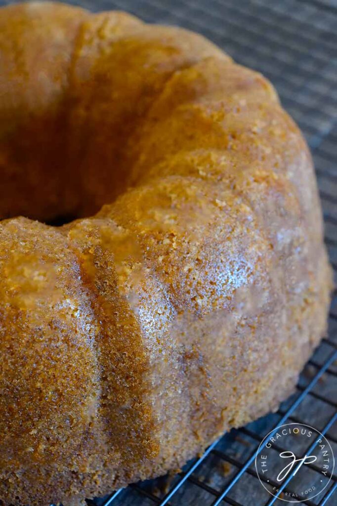 The cooled Spiced Apple Bundt Cake, waiting for a drizzle of coconut caramel sauce.