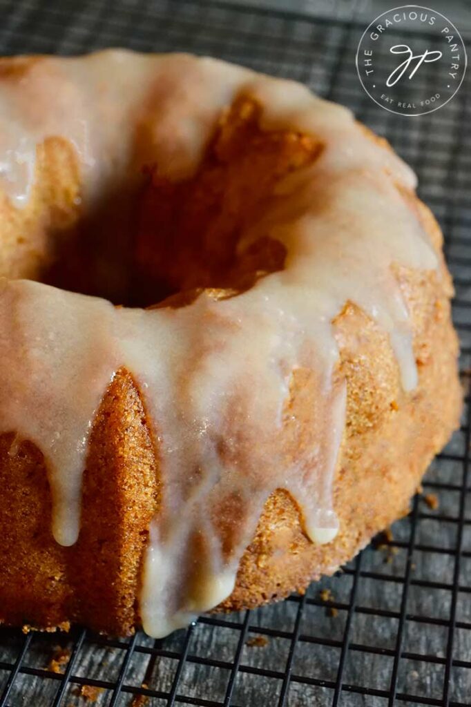 The finished Spiced Apple Bundt Cake with coconut caramel sauce.