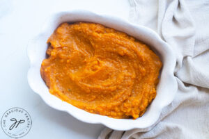 The Healthy Sweet Potato mixture in a white casserole dish.