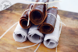 The finished pumpkin fruit leather roll-ups.
