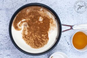 All the ingredients for this Sugar Free Pumpkin Spice Coffee Creamer Recipe in a pot.