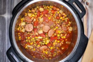 The finished Instant Pot Texas Cowboy Stew Recipe still in an Instant Pot after cooking.