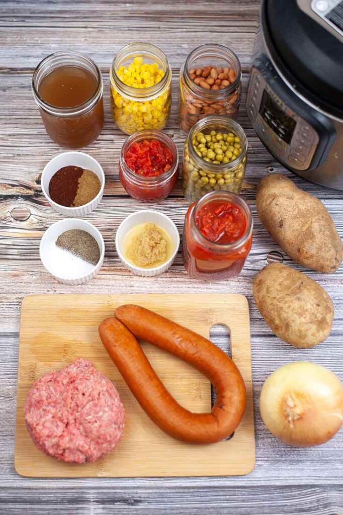 All the ingredients collected individually for making this Instant Pot Texas Cowboy Stew Recipe.