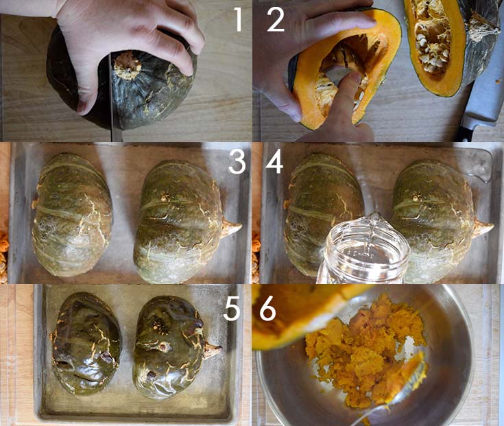 A collage of steps showing how to bake a kabocha squash.